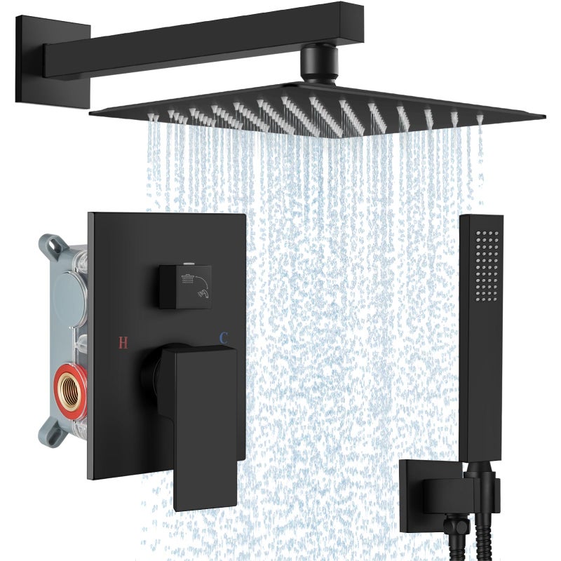 Midanya Shower Faucet Set,Wall Mount Shower System with Square Rain Shower Head and Hand Sprayer, Rough-in Valve Body and Trim Kit Included,10 Inch,Matte Black - Image 1